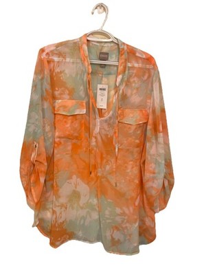 Chico s Women s New Painted Floral Piper 3/4 Sleeve Elliptical Orange XL Blouse