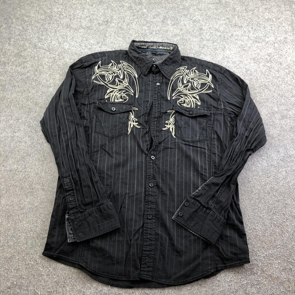 ROAR Shirt Mens Large Black Stripe Long Sleeve Embroidered Western 