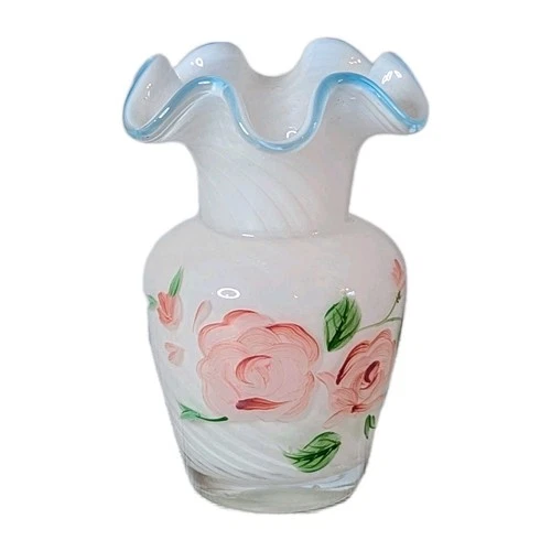 Fenton Glass Vase For Teleflora Optic Swirl Handpainted Ruffled Edges Vintage