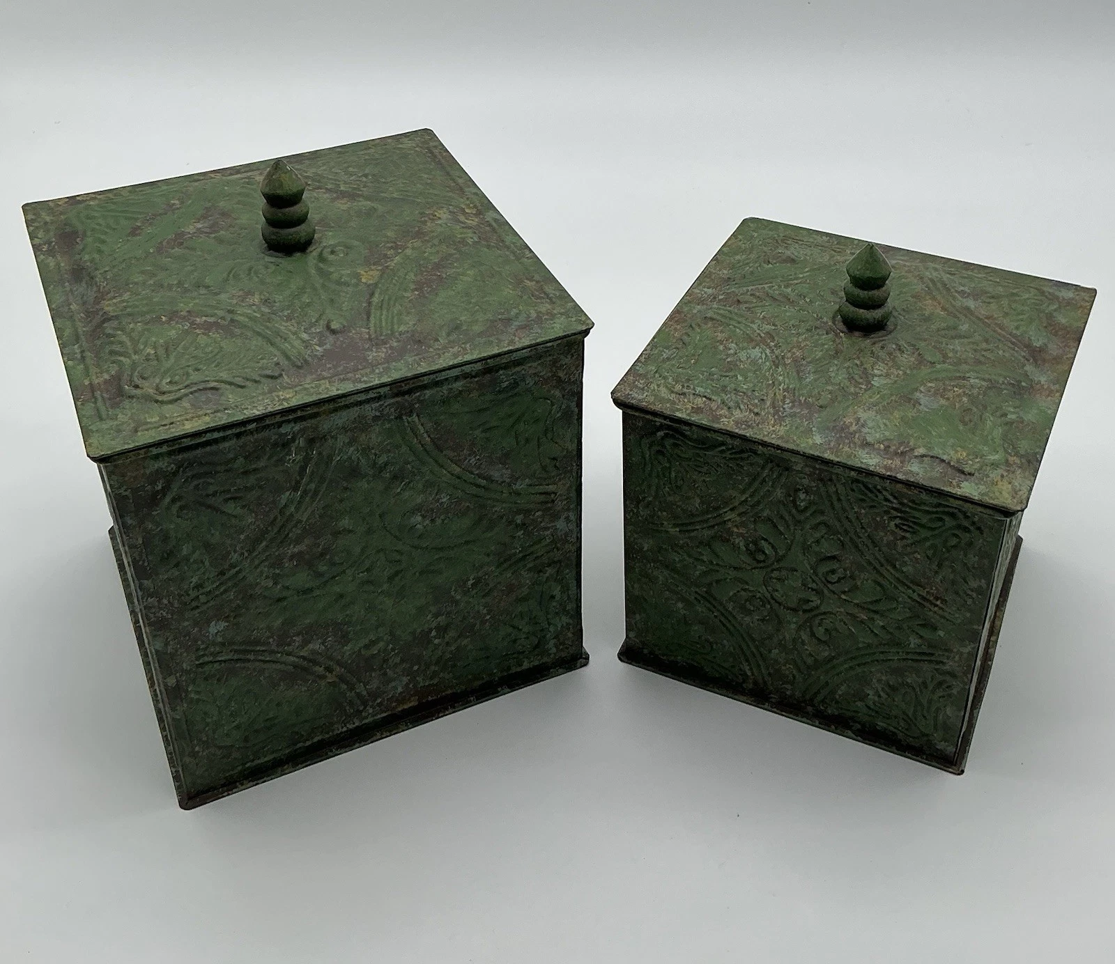 2 Green Embossed Tin Kitchen Decor Canisters with Lids