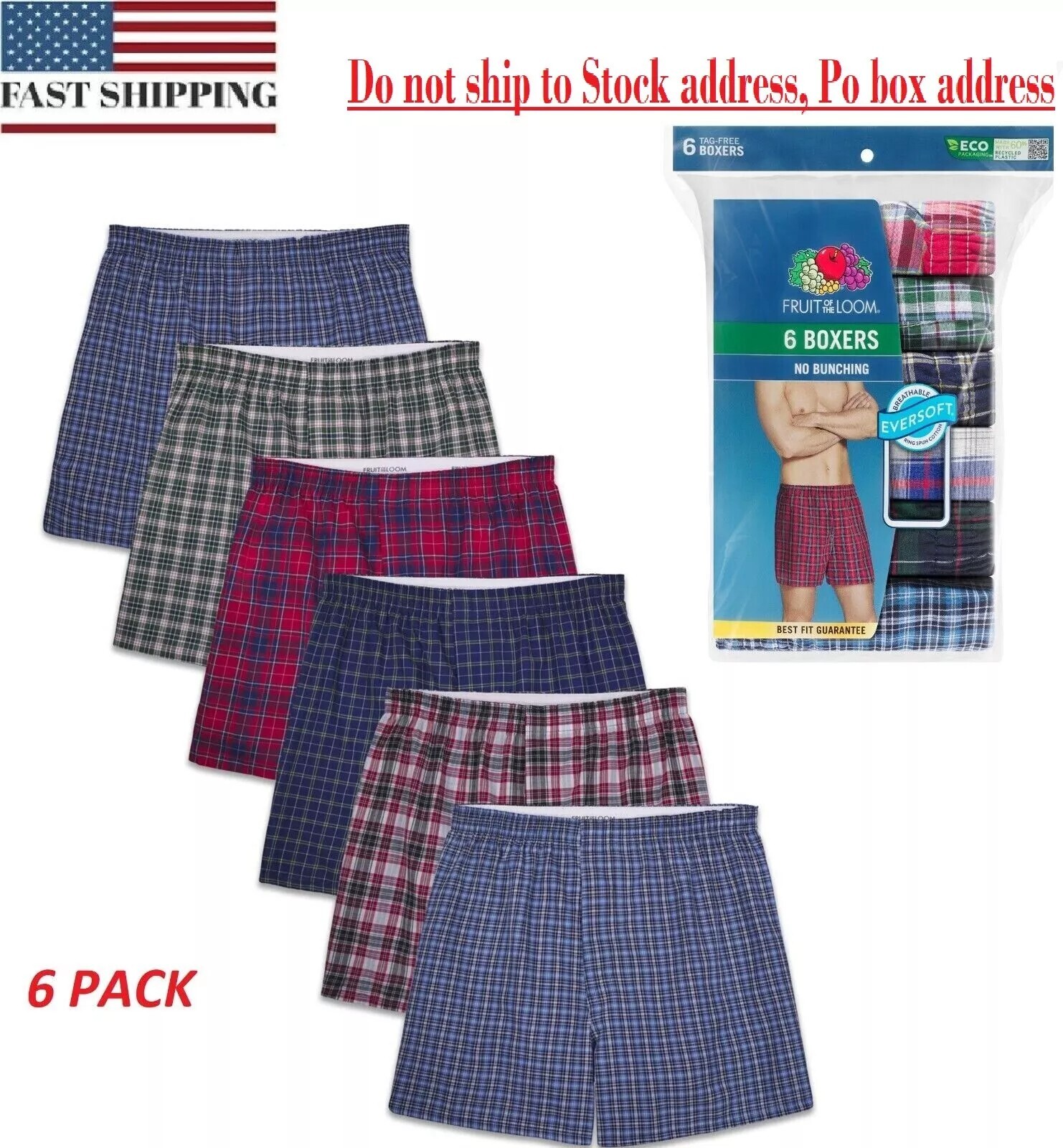 6 Pack Fruit of the Loom Men's Tag-Free Boxer Underwear Shorts Pattern Woven