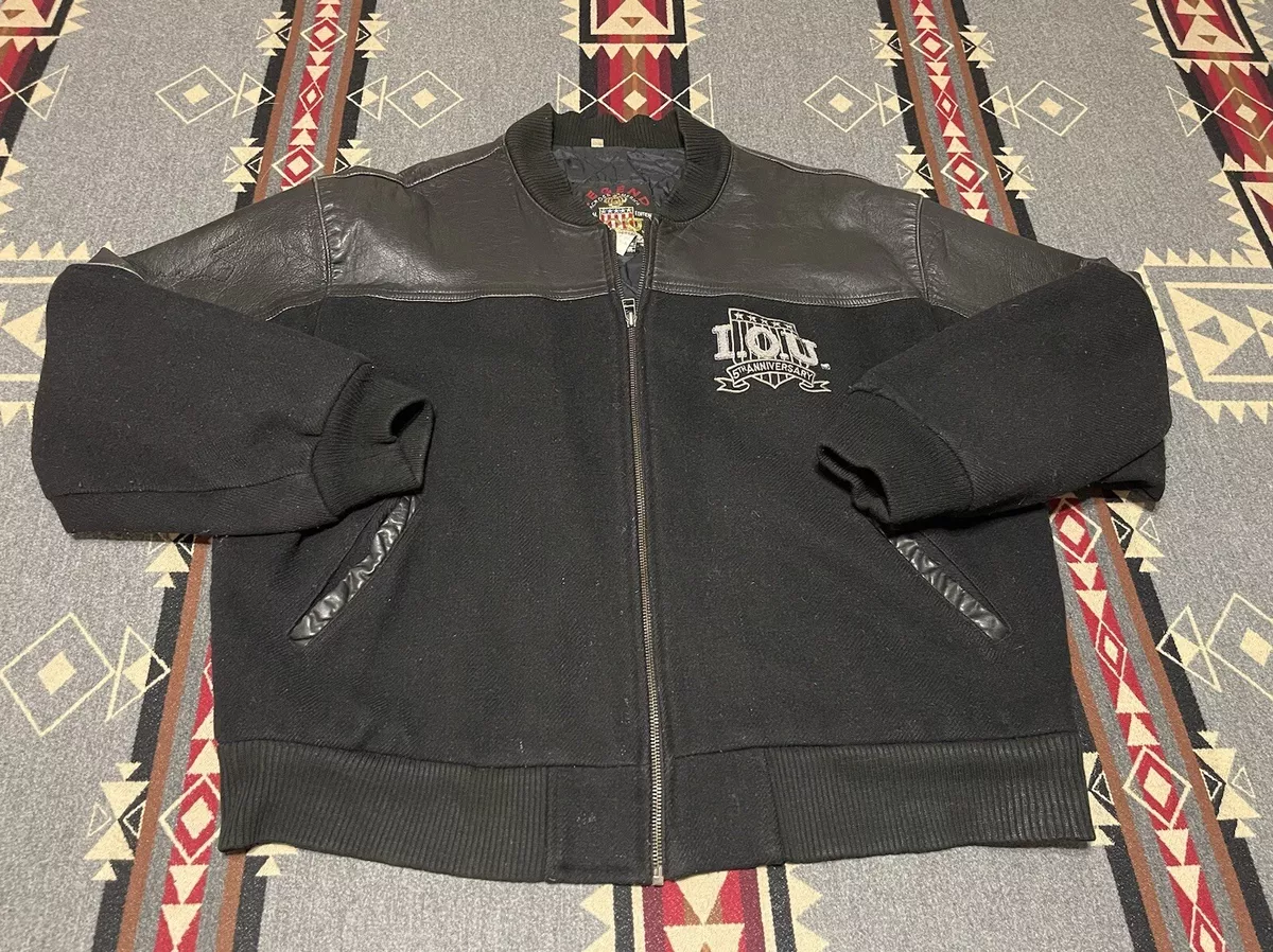 IOU Legendary Leather Varsity Bomber Jacket Black Leather Wool XL