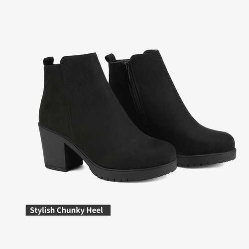 Women's Heel Chunky Ankle Boots Zip Up Round Toe Winter Shoes US Size 5-11 - Picture 3 of 33