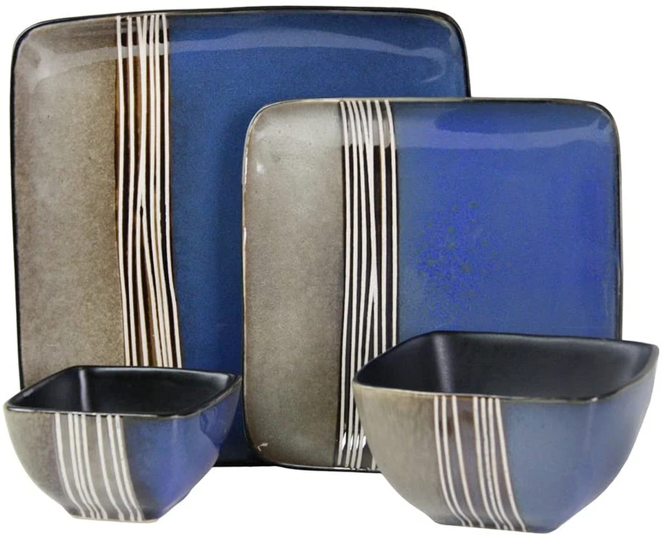Elama Uptown Loft Blue 16 Piece Double Bowl Square Stoneware Dinnerware Dish Set - Image 3 of 4