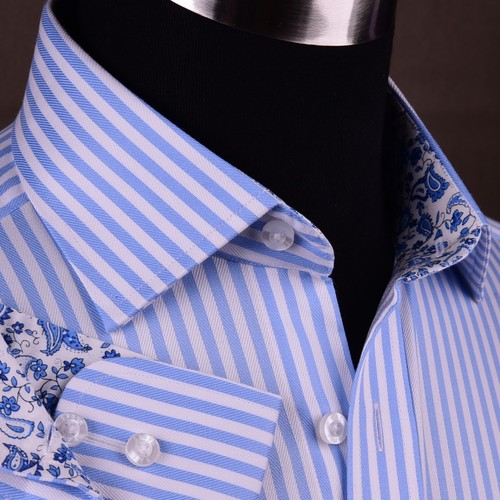 Mens Blue Formal & Business Dress Shirt Herringbone Twill Striped Floral Paisley - Picture 11 of 18