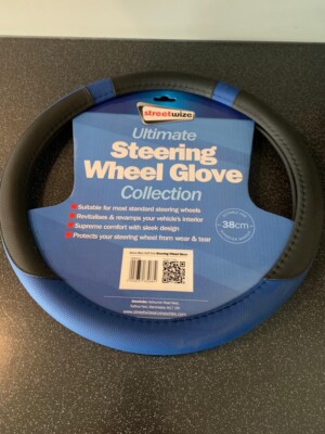 Car Steering Wheel Cover/Glove Universal Soft Grip Blue & Black Fits 37-39cm