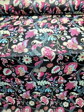 Fabric Sold By The Yard Black Brocade Multicolor Floral FUCHSIA BLUE GREEN