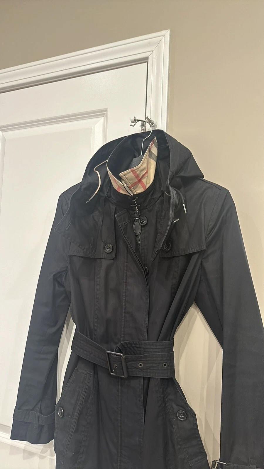 Burberry Brit Donna Cappuccio Rimovibile Trench Cappotto Cintura US Med Nova Check Nero