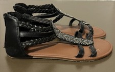 SO Gladiator Sandal Girls 5 Desert Black Strappy Flats Rear Zippers