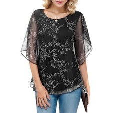 Womens Floral Blouses Double Layers Tunic Tops 3/4 Ruffle Sleeve Stretchy Shirts