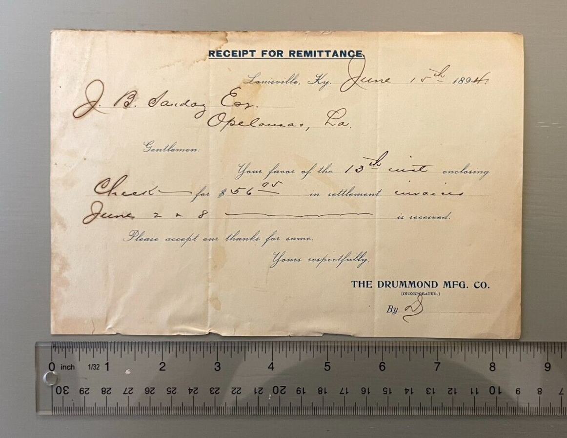 1894 The Drummond MFG. CO. Receipt for Remittance Louisville, KY eBay