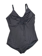 Lands' End Womens Ruched V-Neck One Piece Swimsuit Bathing Suit Black L 14-16