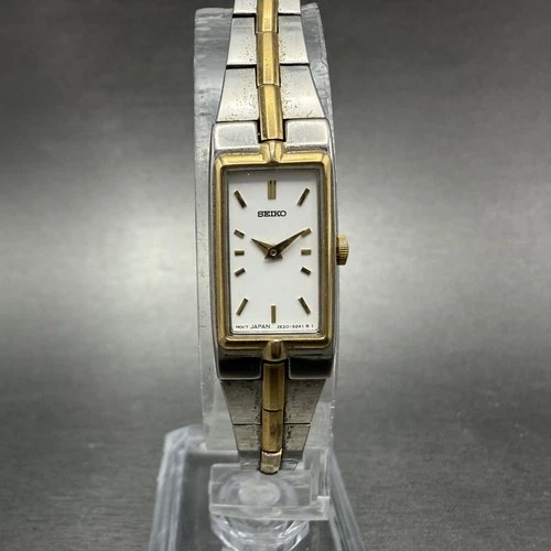 Seiko Tank Watch Women 13mm White Dial two Tone Rectangle 2e20-7479 New Batt OP9