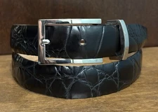 WCM Back Croc Embossed Italian Calfskin Belt Sz M 1”Wide Silvertone Bkl EUC