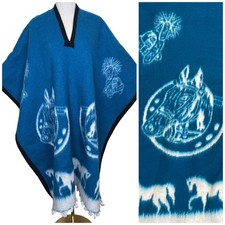 Vintage Turquoise Blue Mexican Wool Western Horse  Horseshoe Poncho Reversible