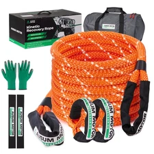1" x 30ft Kinetic Recovery Rope Tow Rope 48,600 LBS w/ 2 Soft Shackles Orange