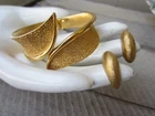 Vintage TRIFARI Satin Gold Tone Bypass Swirl Cuff BRACELET Hoop Clip Earring LOT