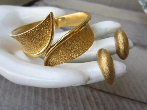 Vintage TRIFARI Satin Gold Tone Bypass Swirl Cuff BRACELET Hoop Clip Earring LOT