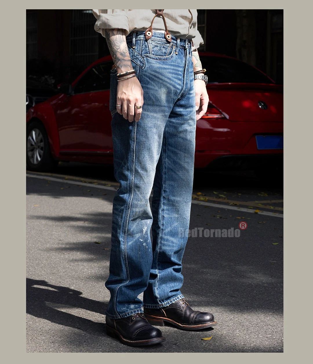 Red Tornado Vintage 15oz Washed Denim Jeans Slim Straight Distressed Ripped Blue - Picture 20 of 21