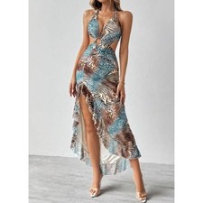 SHEIN, NWT, Animal Print Halter Maxi Dress Cutout Ruffle Slit, Size 4 Small