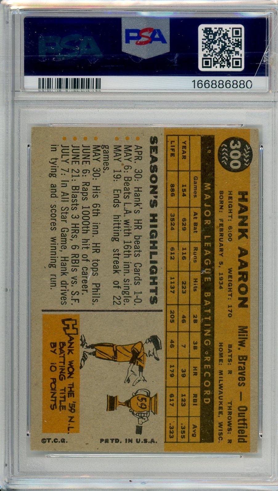 1960 Topps HANK AARON #300 PSA Grade 5 EX-Cond "Just Graded INVEST" view 2