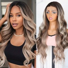 Natural Brown Blonde Mixed Color Lace Front Wigs Long Body Wave Hair Women Party