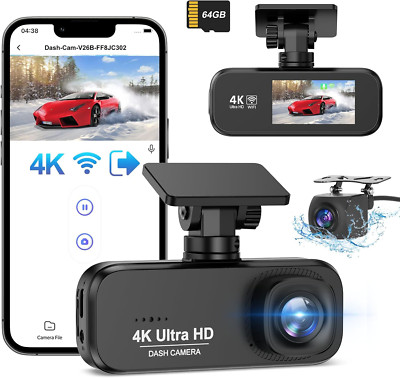 Dynacam Dash Cam vorne und hinten 4K+1080P, Wifi Dash Cam Gratis 64GB Karte, Dash Cam