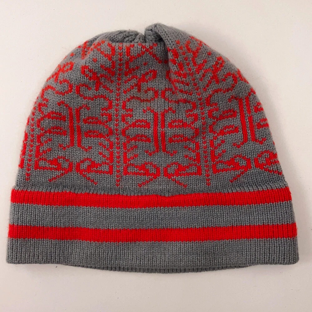Vintage Bullshit pattern script winter ski hat gray red