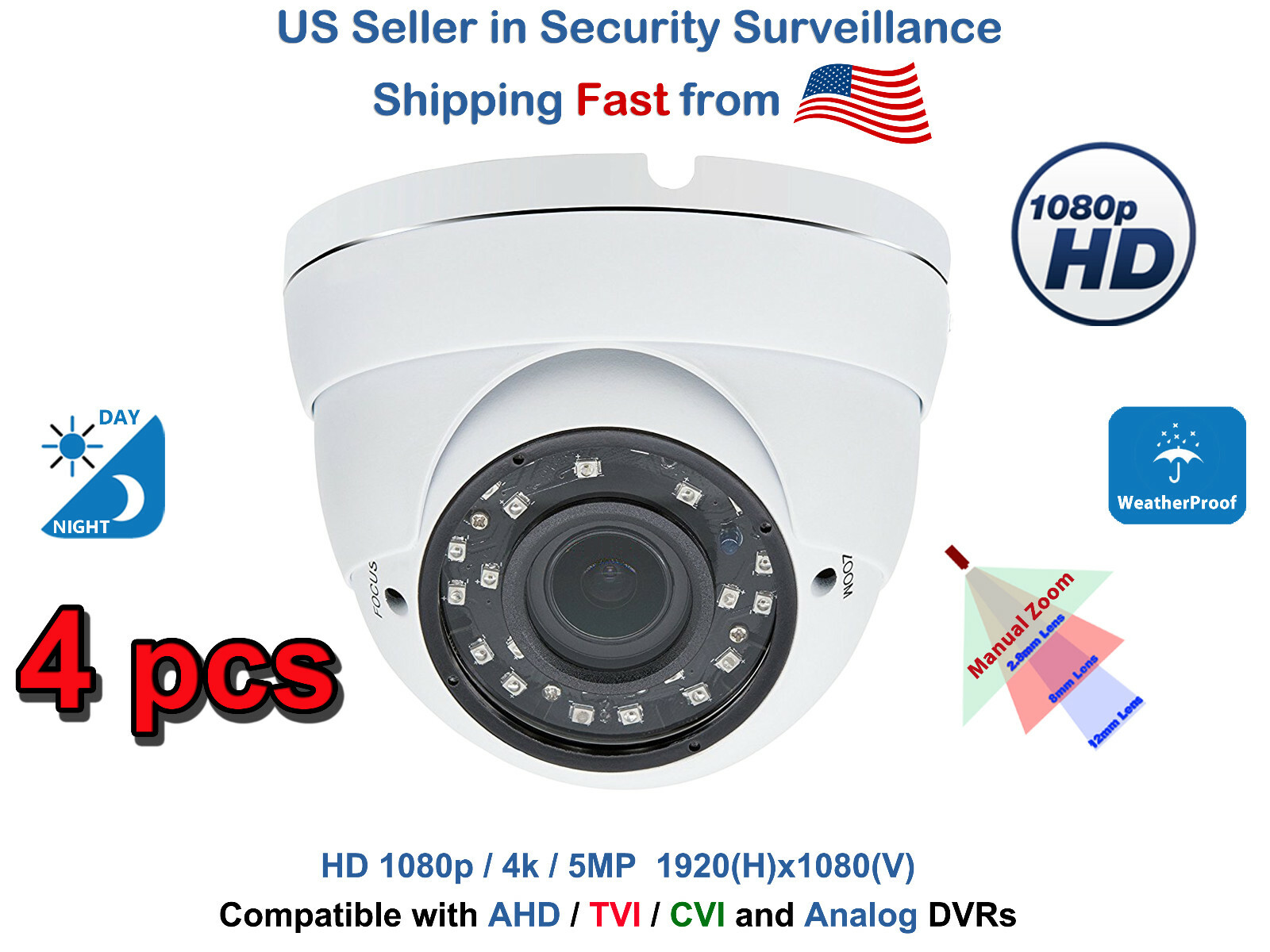 Evertech 4x 1080p HD CVI TVI AHD ANALOG 2MP Outdoor CCTV Sec