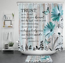 Vintage Bible Verse Blue Daisy Floral Shower Curtain Bathroom Accessories Set