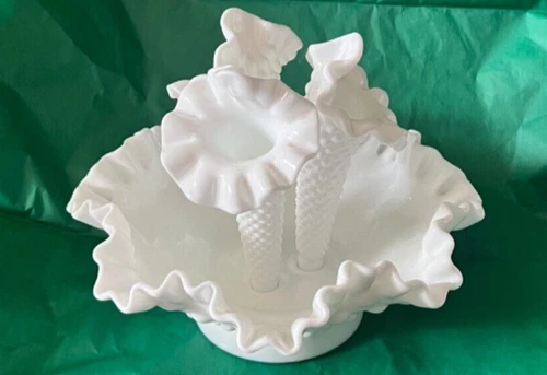Vintage Fenton Hobnail Milk Glass Epergne Ruffled Bowl 3 Horned Vase, Art Glass