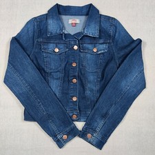 Lei Women's Denim Jacket Sz S Button Up Dark Wash Stretch Whiskered Cotton Blend