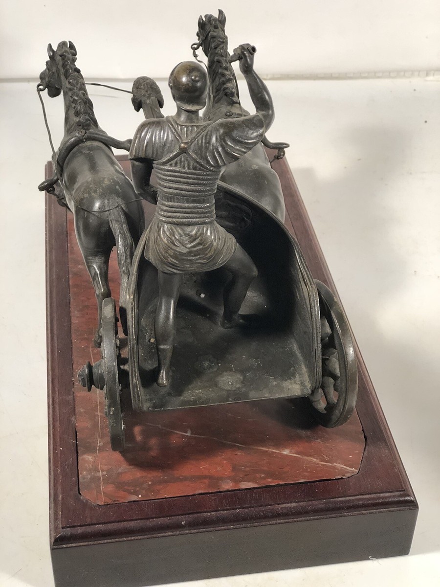 Vintage Achilles Chariot Bronze Statue w2 Horses Red Marble On