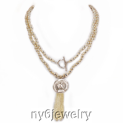 Beautiful Silver Tone Round Beads & Elizabeth II (faux) Coin Charm Necklace 34''