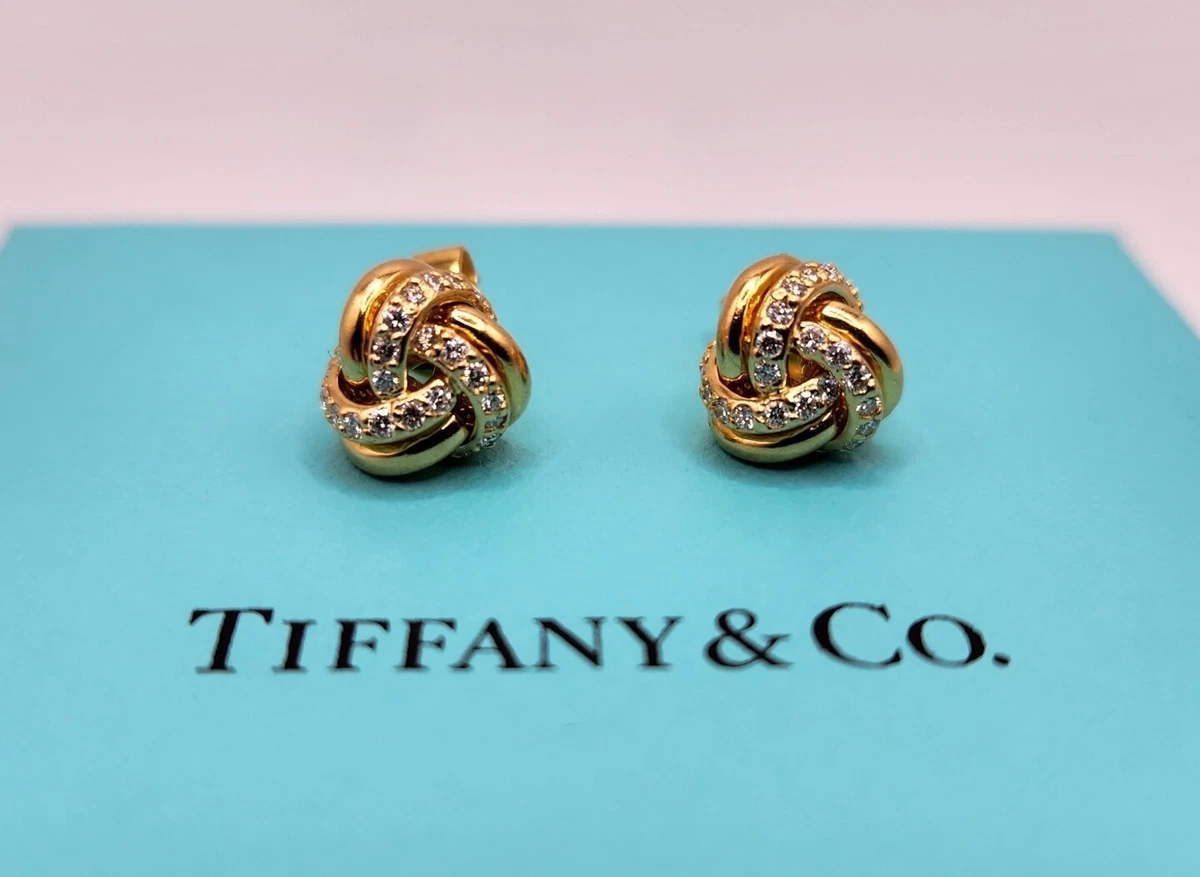 Diamond Tiffany Co. 18k Yellow Gold Twist love Knot Earrings Studs and box