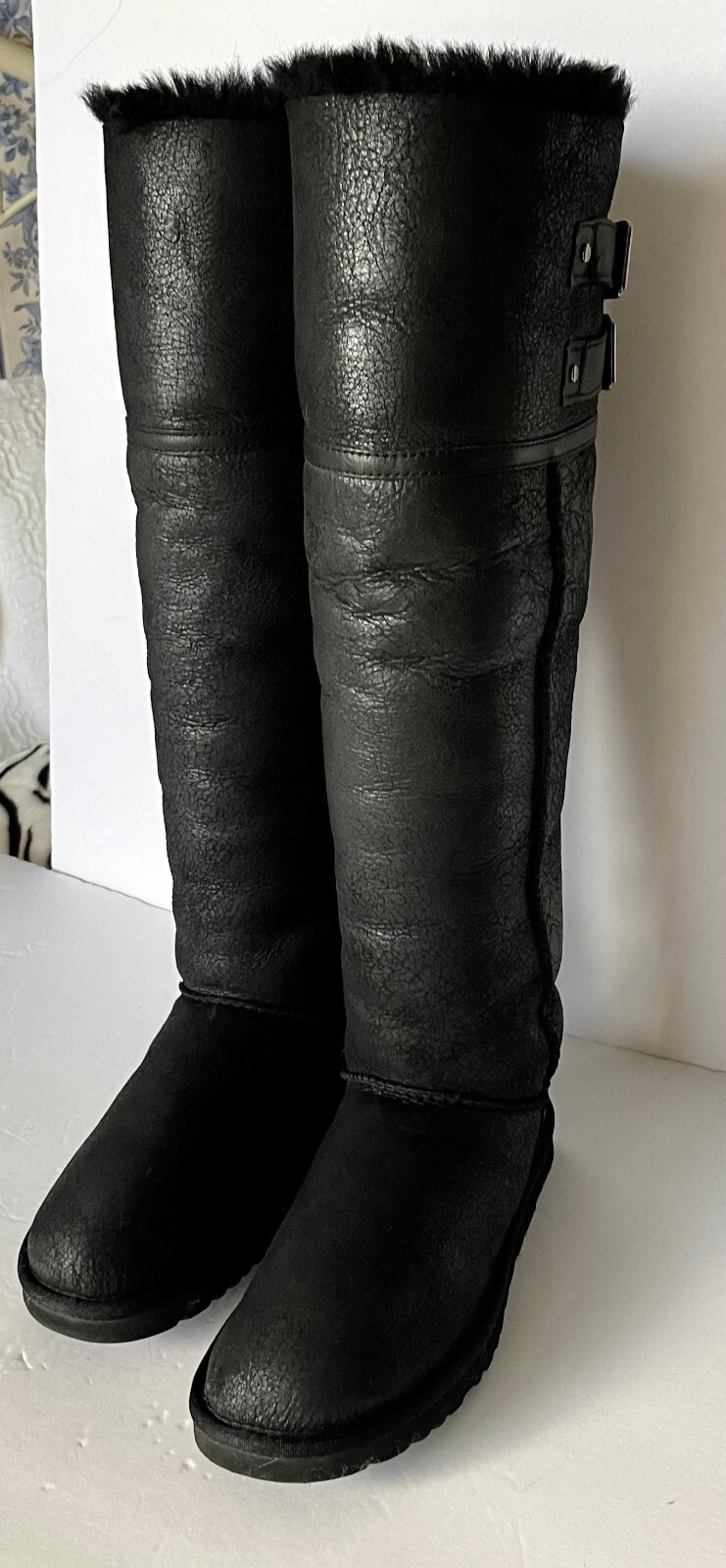 UGG DEVANDRA BLACK LEATHER BOMBER OVER THE KNEE WOMEN BOOTS SIZE US 5