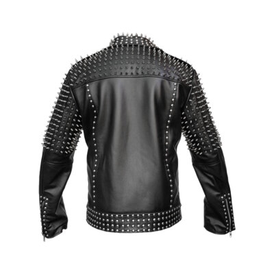 Mens Punk Style Jacket Real Black Leather Silver Spike Studded