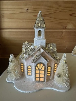 Raz Imports 5.2" Lighted White Sequin Gold Putz Church Ornament Bottlebrush Tree