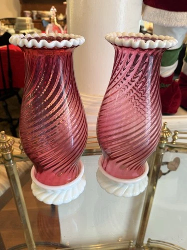 Fenton Cranberry Swirl Snow Crest Hurricane Lamps & Candle Holder MINT!