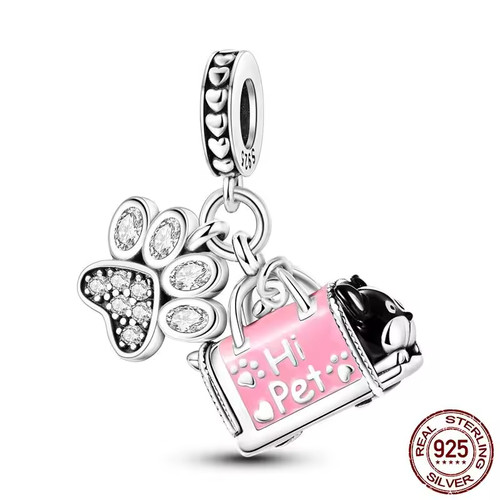 FRENCH BULLDOG PINK CARRIER CZ PAW PRINT STERLING SILVER BRACELET CHARM & POUCH!