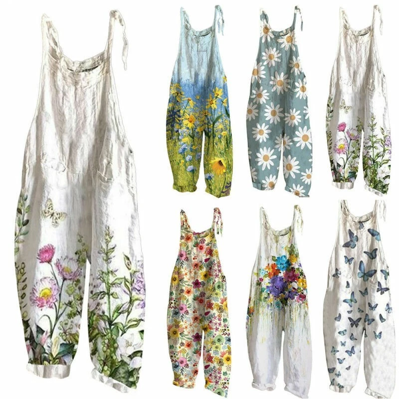 Damen Boho Jumpsuits Floral Ärmellos Overall Freizeit Weites Bein Hosen Playsuit - Bild 4 von 4