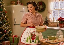 Vintage 1950s Christmas Holiday Santa Golden Snowflakes Trees Linen Half Apron
