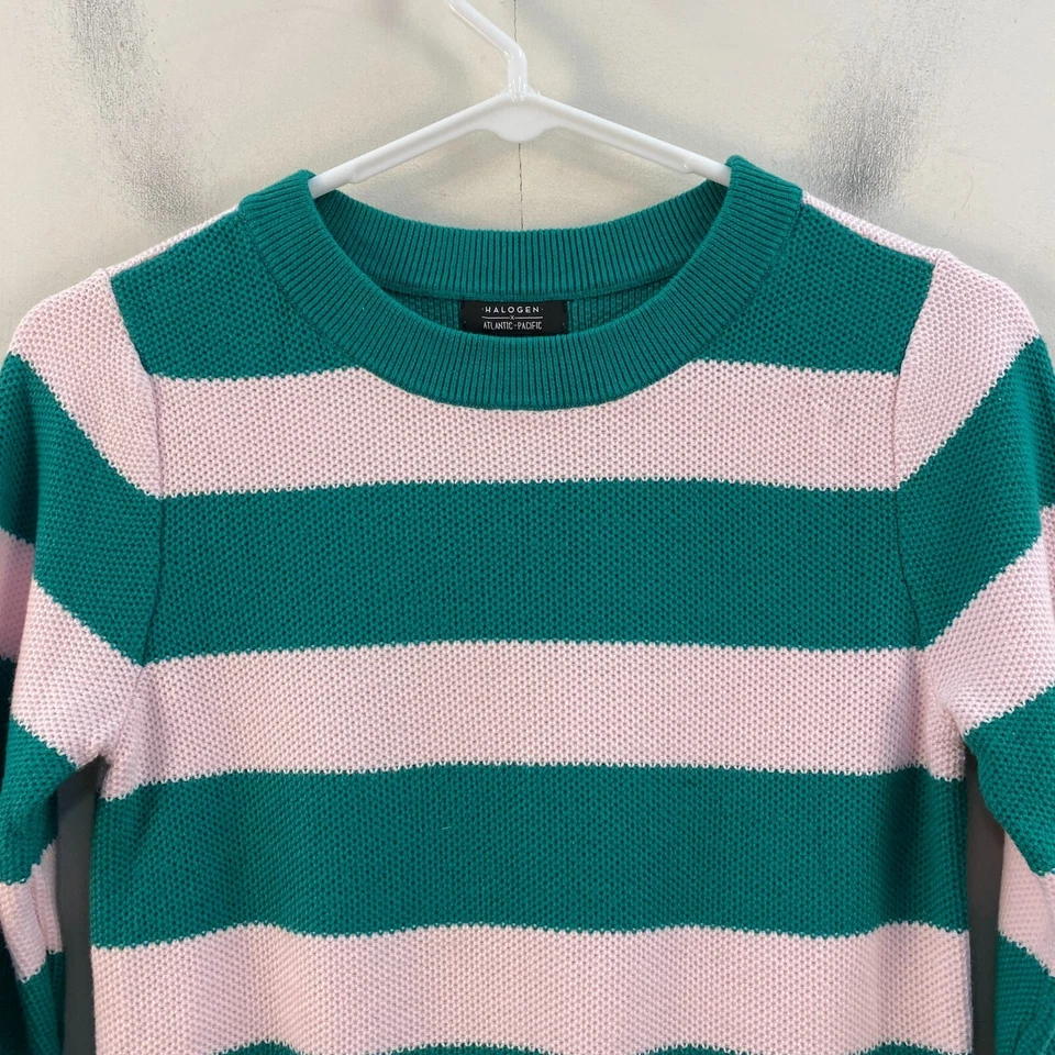 Suéter pulôver feminino halogênio XS listra rosa verde manga 3/4 algodão - Imagem 2 de 4