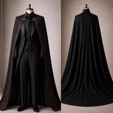 Gothic Men's Suits Black Jacket Vest Pants With Red Embroidery Floor  Length Cape