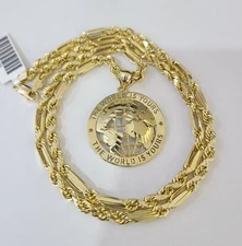 10k Milano Rope Chain World is Yours Charm Necklace SET 4mm 18"-28" Pendant