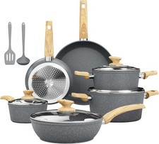 Kitchen Academy Induction Hob Pots and Pans Set - 12 Piece Gray Granite Nonstick
