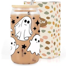Coolife Ghost Halloween Cup, 16 oz Tumbler Glass Cups w/Lids Straws