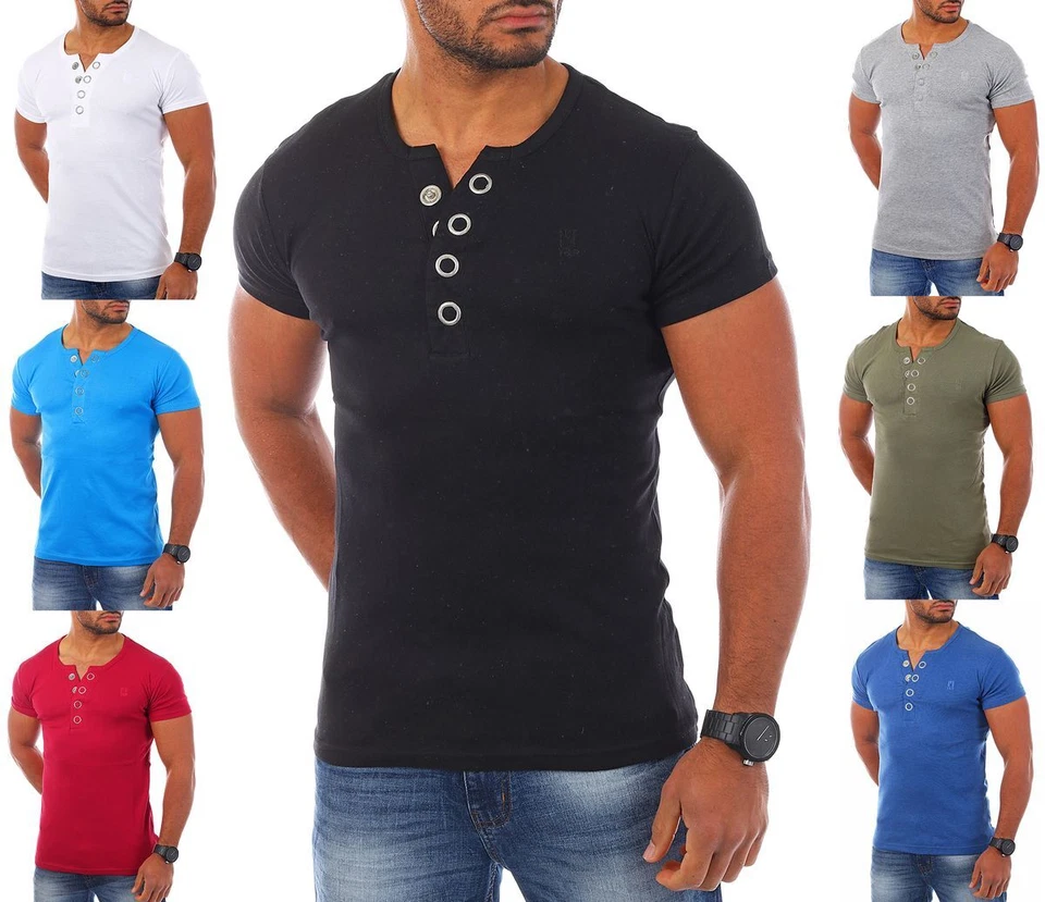 Young & Rich Party T-Shirt mit Knopfleiste große Knöpfe v-Ausschnitt Herren slim - Bild 1 von 1