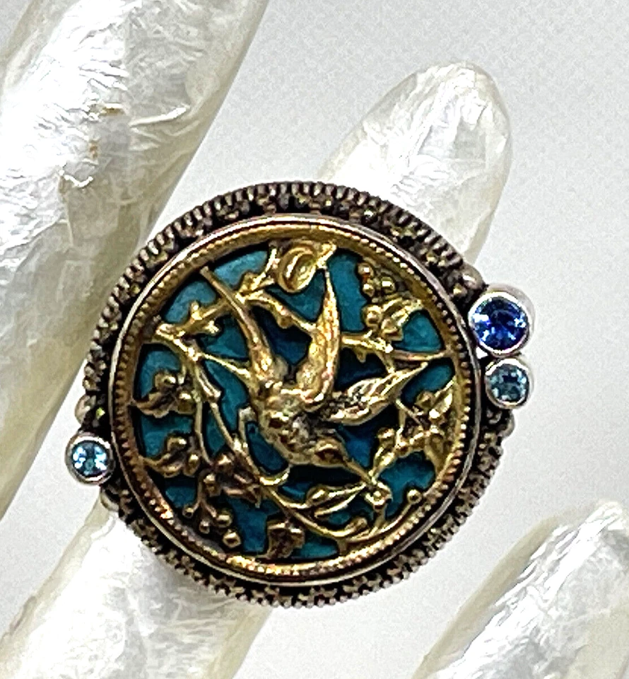 Anillo Topacio Azul Plata Esterlina Marte y San Valentín con Diseño de Pájaro y Flor 7 Foto 2 de 4