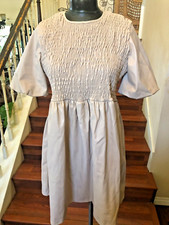 Asos Design Women's Beige Dress Puff Sleeves Stretchy Top Plastic Feel Sz 10